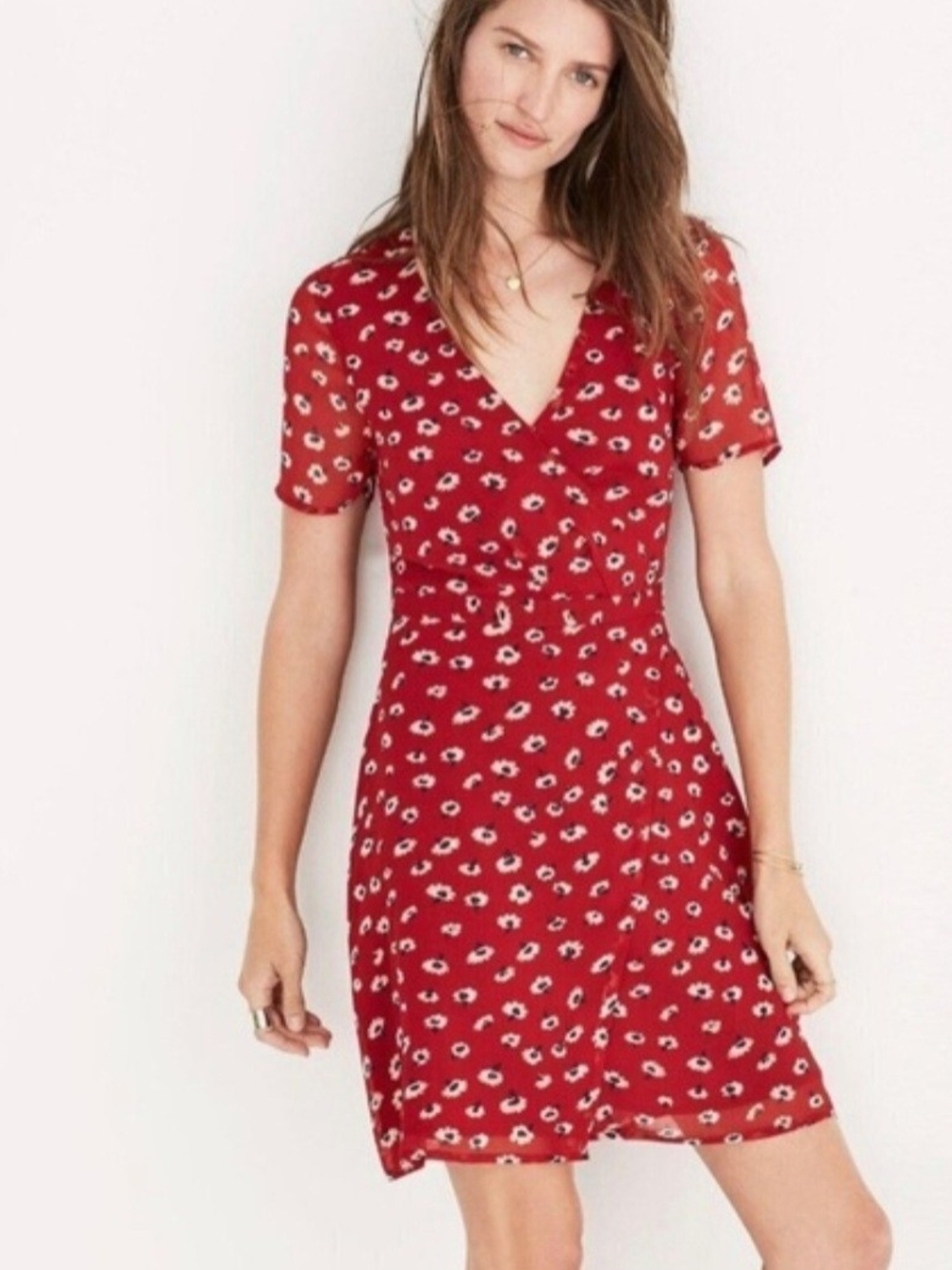 Madewell Red Floral V-Neck Mini Dress